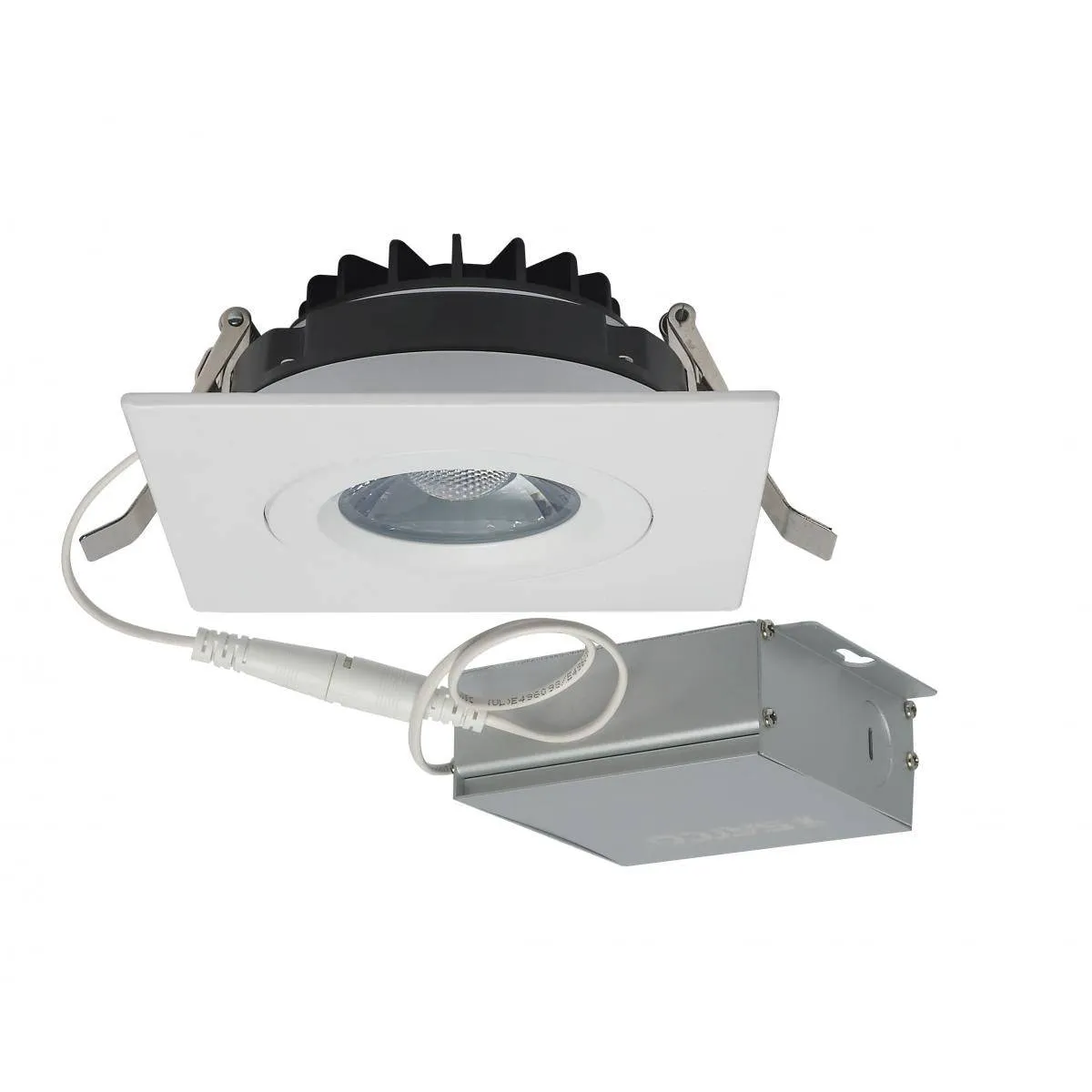 12 watt LED Direct Wire Downlight; Gimbaled; 4 inch; 3000K; 120 volt; Dimmable; Square; Remote Driver; White