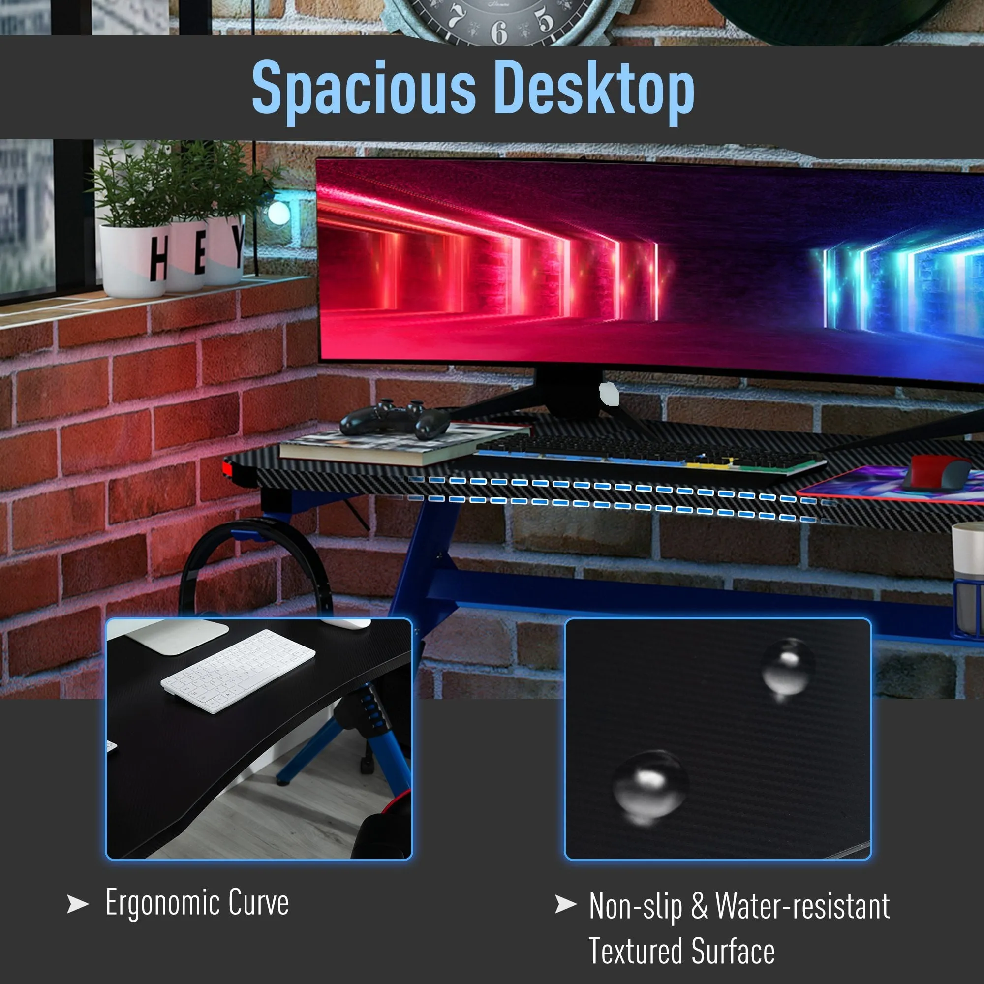 120 Gaming Desk with RGB LED Lights Racing Style Gaming Table with Cup Holder, Cable Management, Blue Office Computer Holder 2