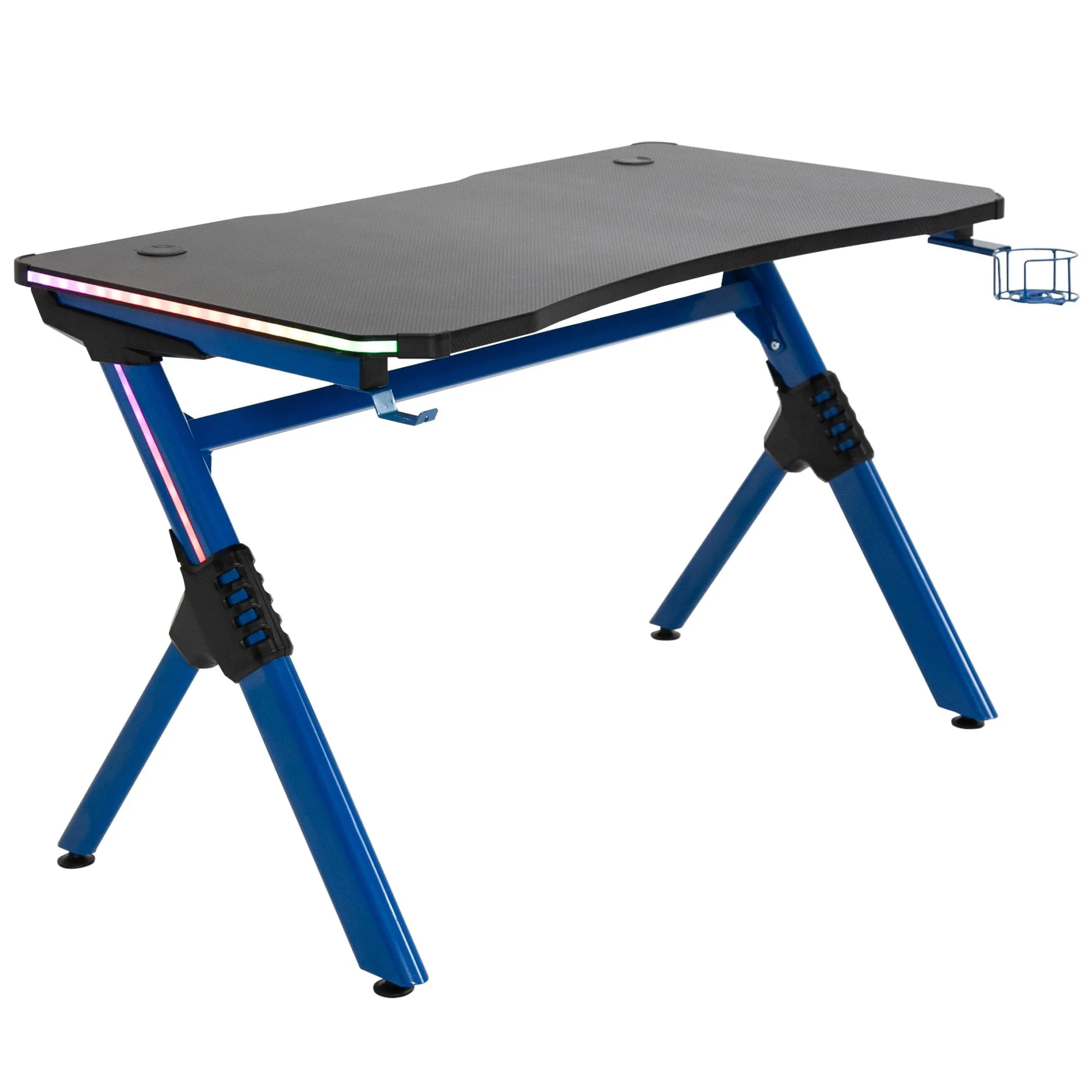 120 Gaming Desk with RGB LED Lights Racing Style Gaming Table with Cup Holder, Cable Management, Blue Office Computer Holder 2