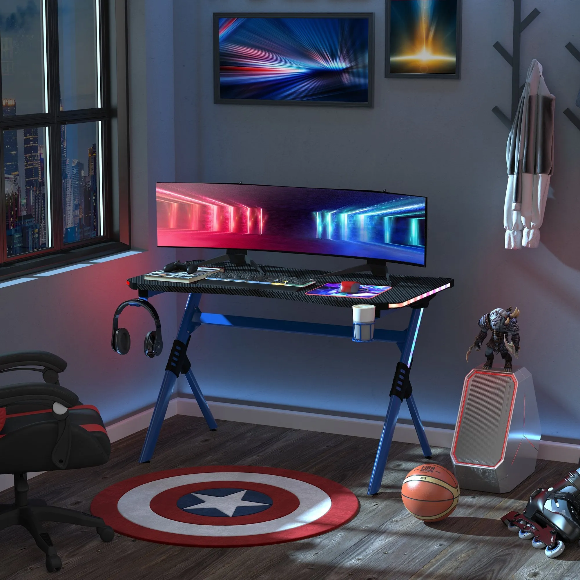 120 Gaming Desk with RGB LED Lights Racing Style Gaming Table with Cup Holder, Cable Management, Blue Office Computer Holder 2