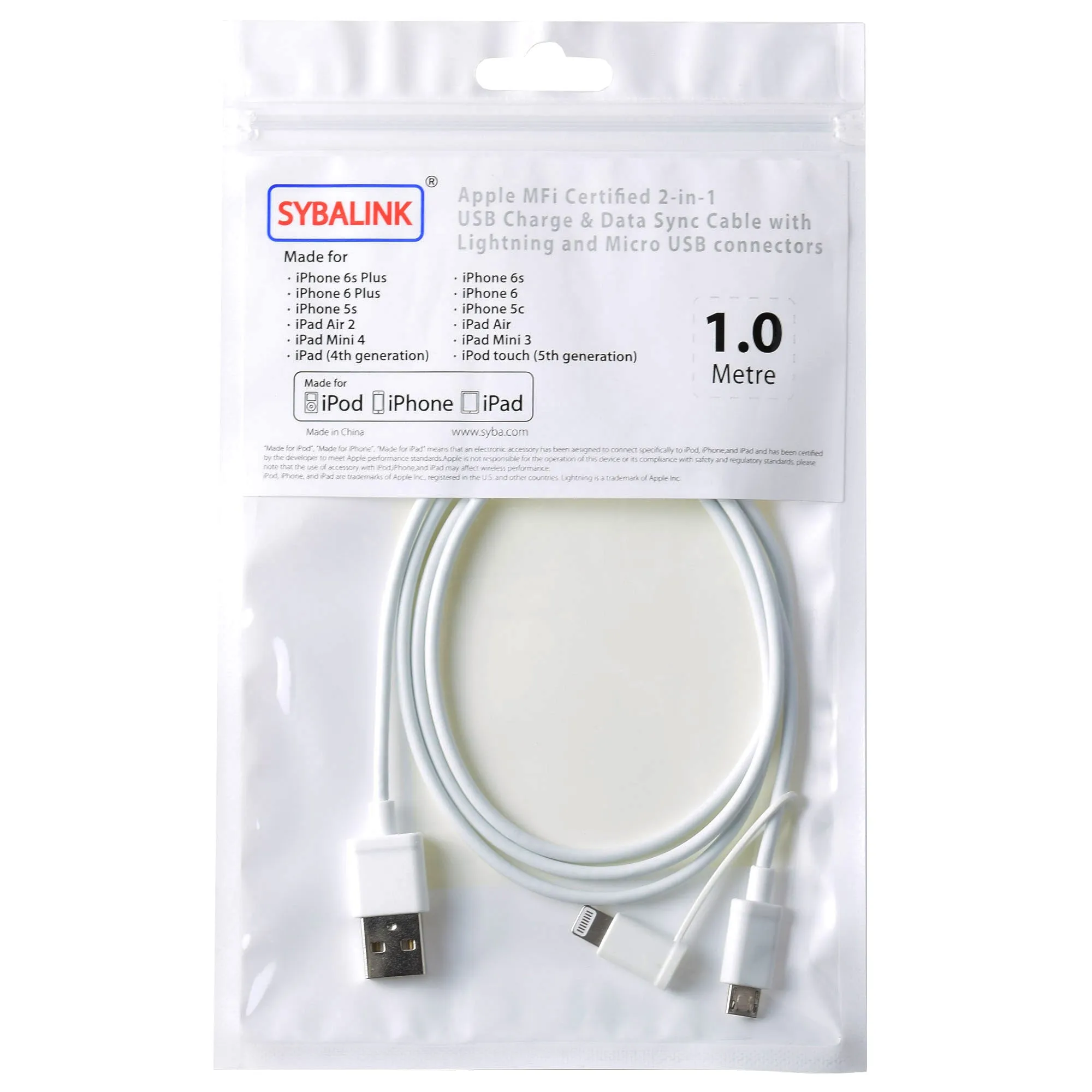 1M Lightning & Micro USB 2-in-1 Charge & Data Sync Cable White