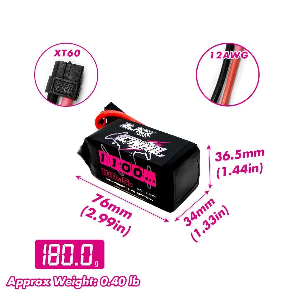 2 Packs CNHL Black Series 1100mAh 18.5V 5S 100C Lipo Battery with XT60 Plug - CA/UK Warehouse