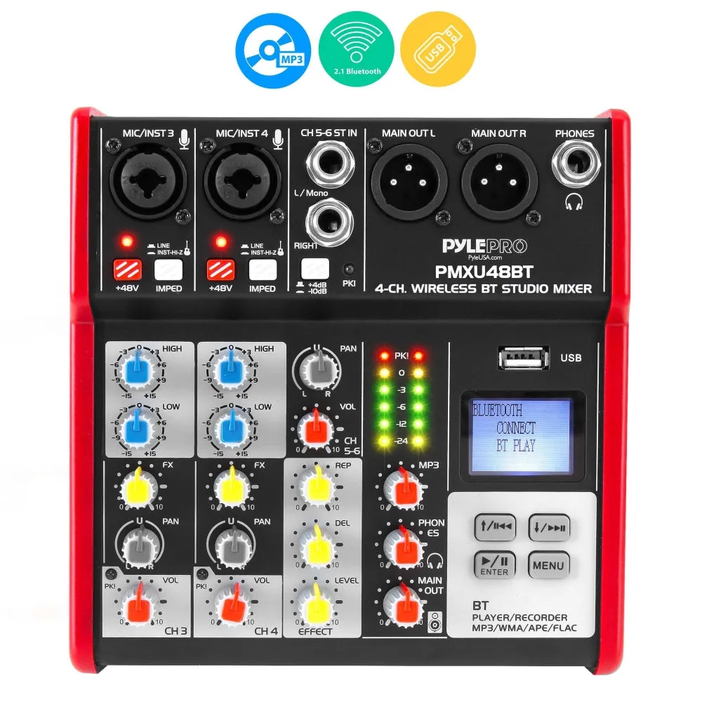 4-Ch. Bluetooth Studio Mixer - Pro Audio Digital Dj Audio Mixer Console ( 48V Phantom Power)