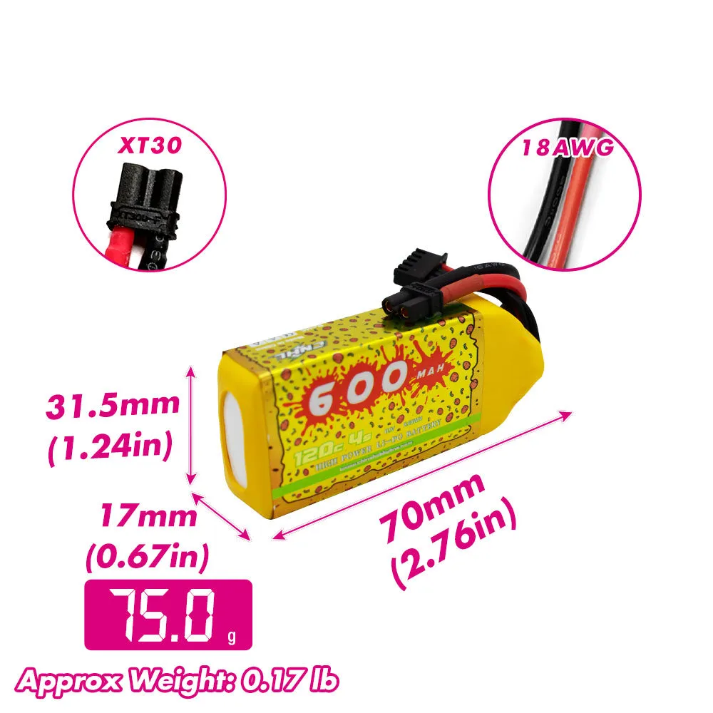 4 Packs CNHL Pizza Series 600mAh 14.8V 4S 120C Lipo Battery With XT30U