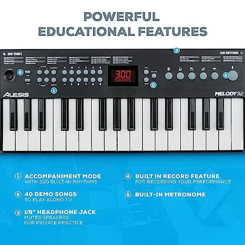 Alesis Melody 32 – Electric Keyboard Digital Piano with 32 Keys, Speakers, 300 Sounds, 300 Rhythms, 40 Songs, USB-MIDI Connectivity and Piano Lessons