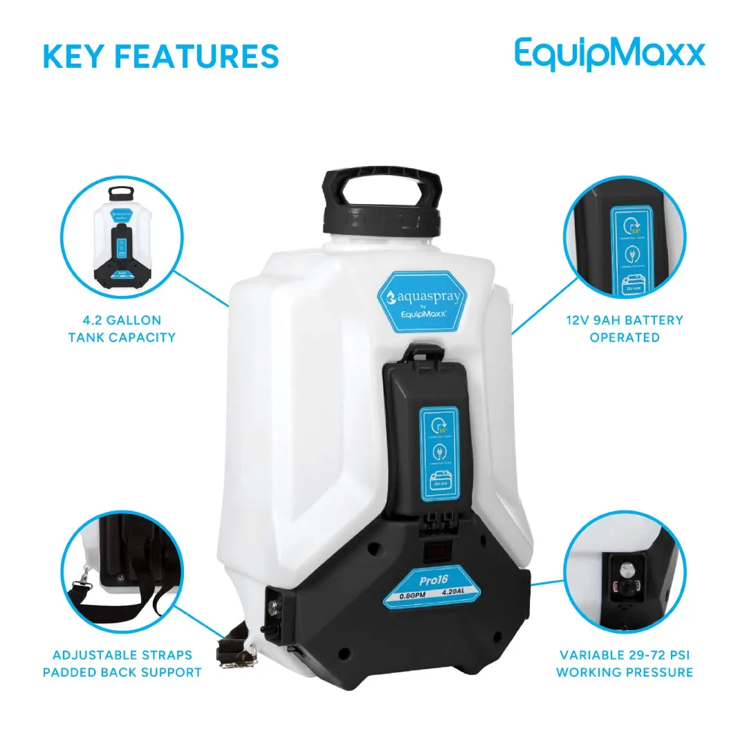 AquaSpray Pro16 4.2 Gallon Backpack Water Tank & Pump for Waterfed Pole Window and Solar Cleaning, Rechargeable 12v Battery