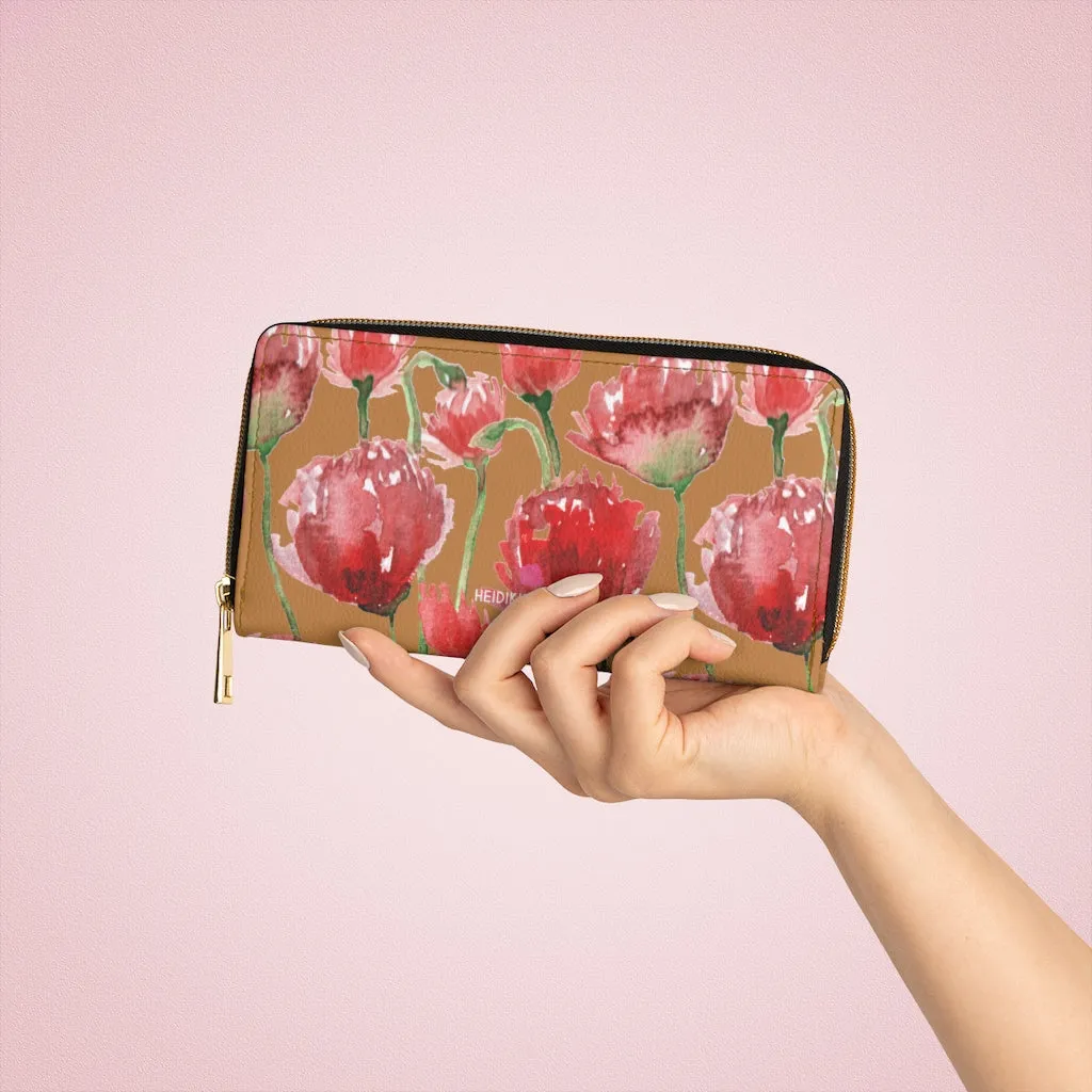 Beige Red Tulips Zipper Wallet, Red Tulips Flower Print Best Long Compact Wallet For Women