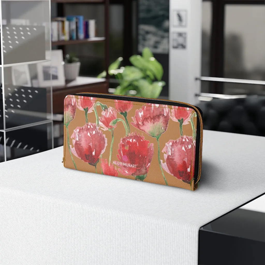 Beige Red Tulips Zipper Wallet, Red Tulips Flower Print Best Long Compact Wallet For Women