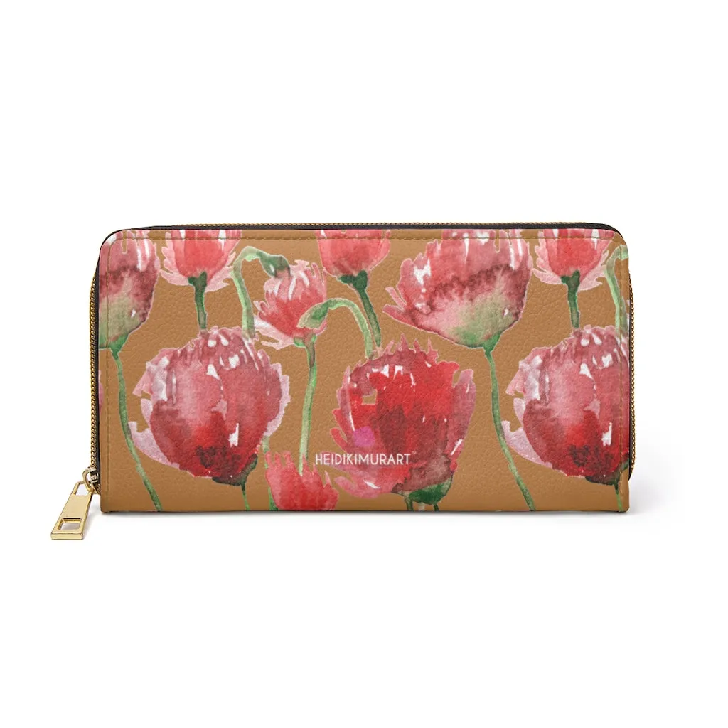 Beige Red Tulips Zipper Wallet, Red Tulips Flower Print Best Long Compact Wallet For Women