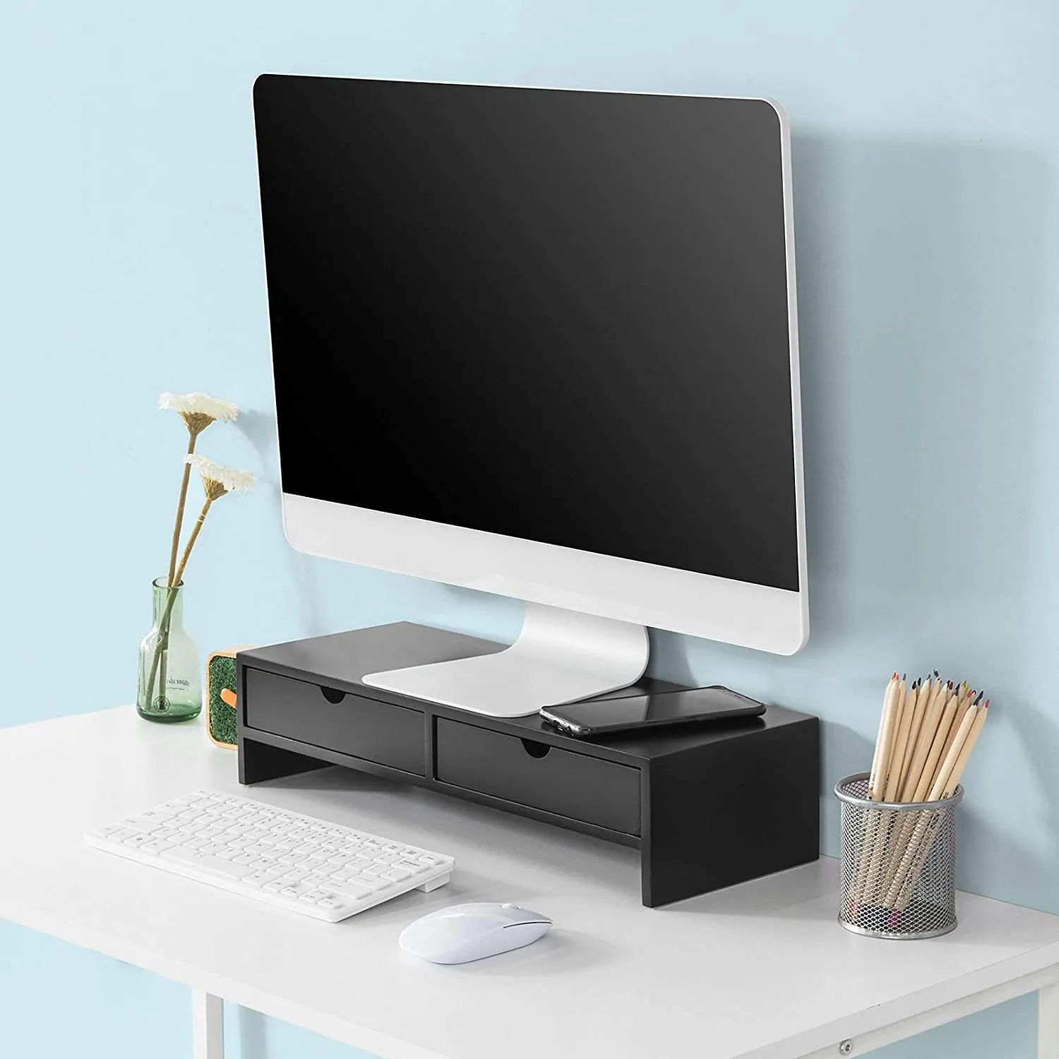 Black Monitor Stand Desk Organizer with 2 Drawers