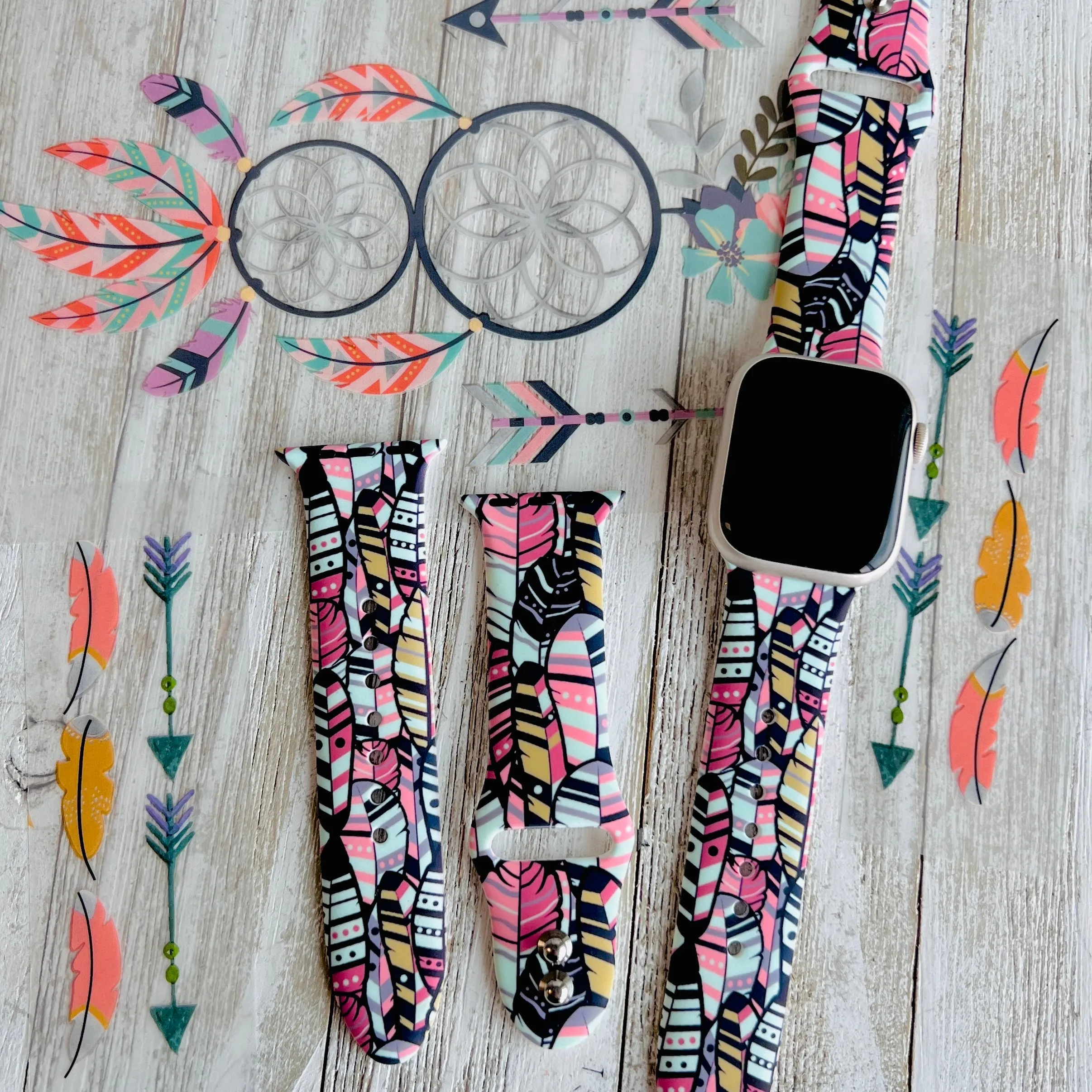 Bohemian Feathers Print Silicone Band For Apple Watch