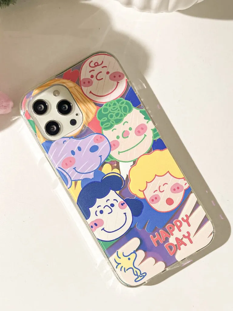 Cartoon Design Cute White Dog and Friends Charlie Sally Linus Drawing Style Laser iPhone Case 11 12 13 14 15 Pro Promax mini