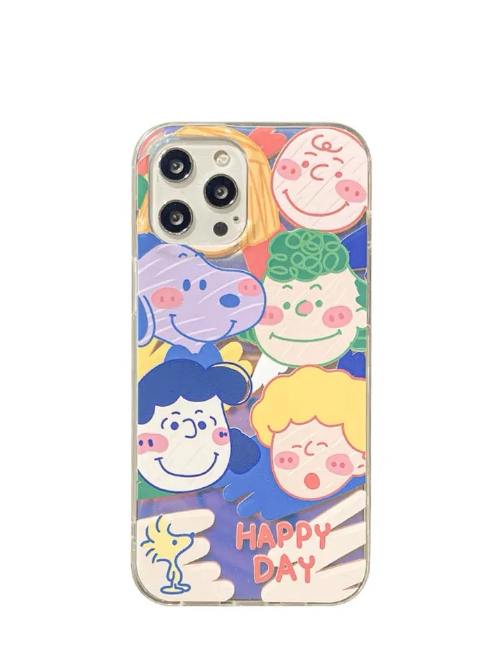 Cartoon Design Cute White Dog and Friends Charlie Sally Linus Drawing Style Laser iPhone Case 11 12 13 14 15 Pro Promax mini