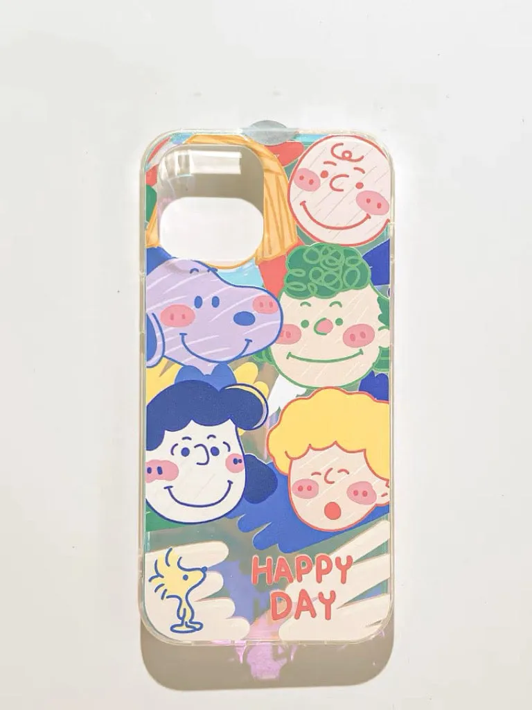 Cartoon Design Cute White Dog and Friends Charlie Sally Linus Drawing Style Laser iPhone Case 11 12 13 14 15 Pro Promax mini