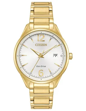 Citizen Eco-Drive Chandler Crystal Watch - Gold-Tone - Silver/White Dial - Date