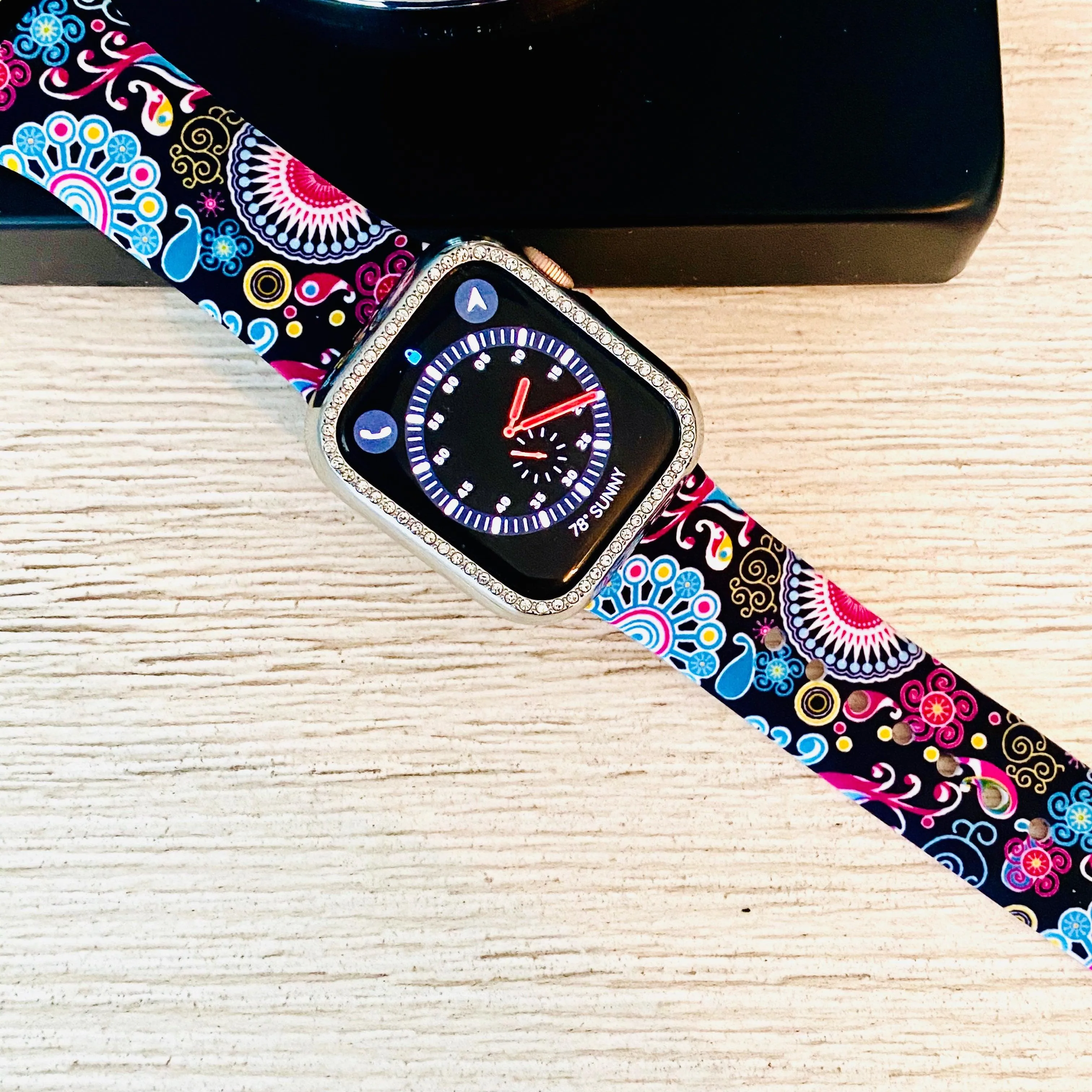 Colorful Paisley Black Print Silicone Band For Apple Watch