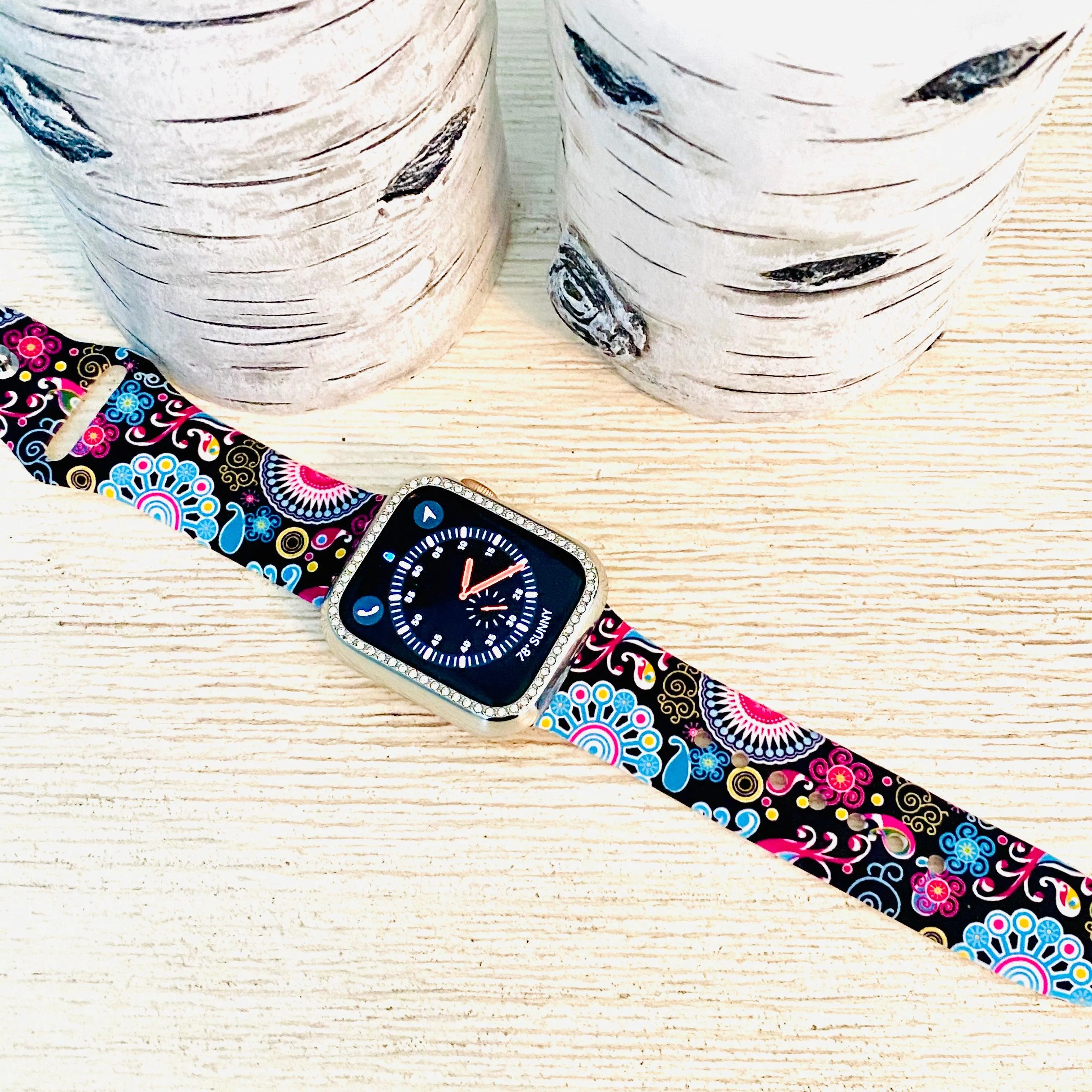 Colorful Paisley Black Print Silicone Band For Apple Watch