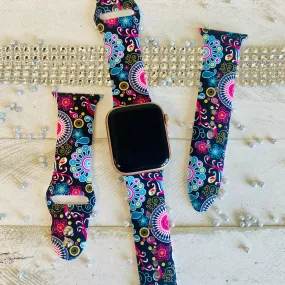 Colorful Paisley Black Print Silicone Band For Apple Watch