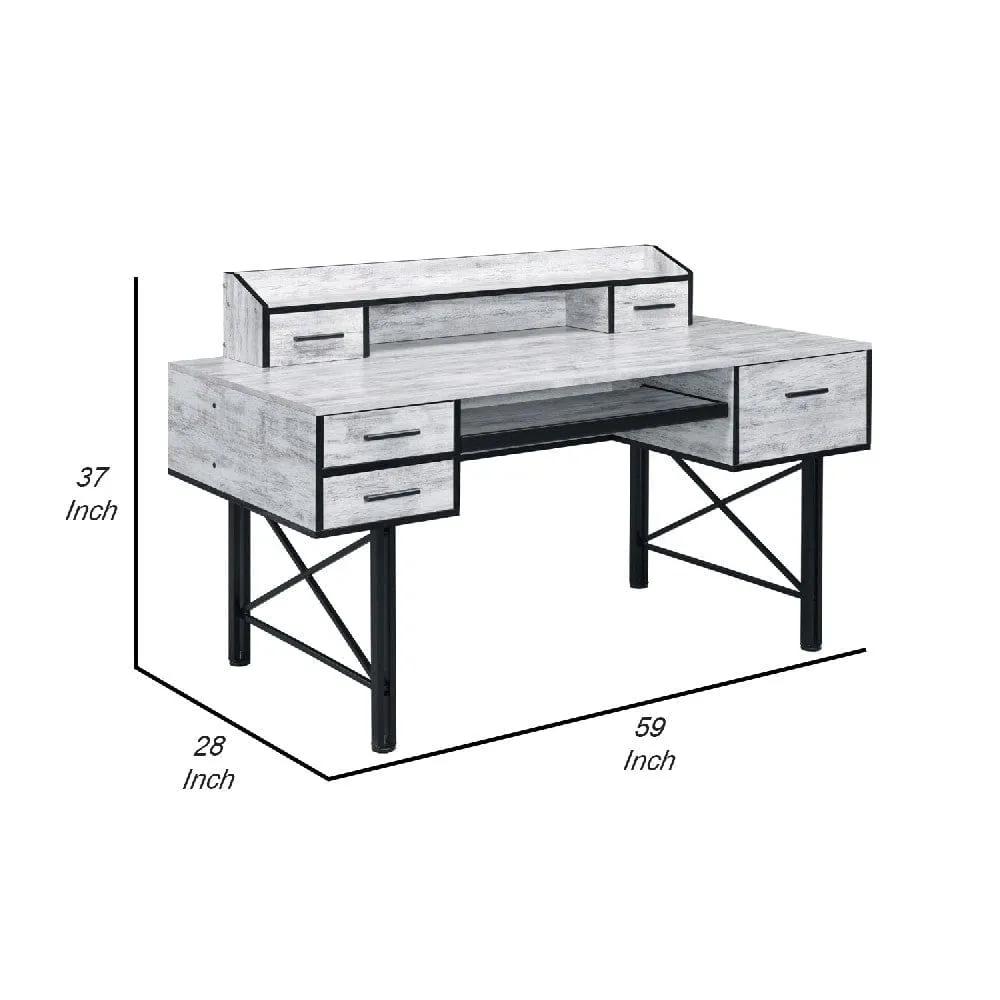 Computer Desk with 5 Drawers and Grains, Antique White and Black By Casagear Home