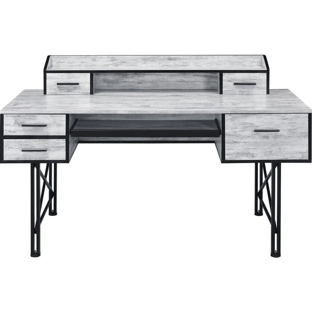 Computer Desk with 5 Drawers and Grains, Antique White and Black By Casagear Home