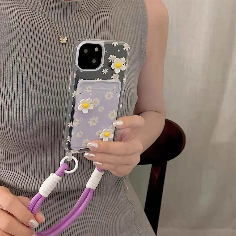 Cute Phone Cases for iPhone models 15, 14, 13, 12 Pro Max, and 11 - 3D Daisy Clear Card Bag with Lanyard - TSP348