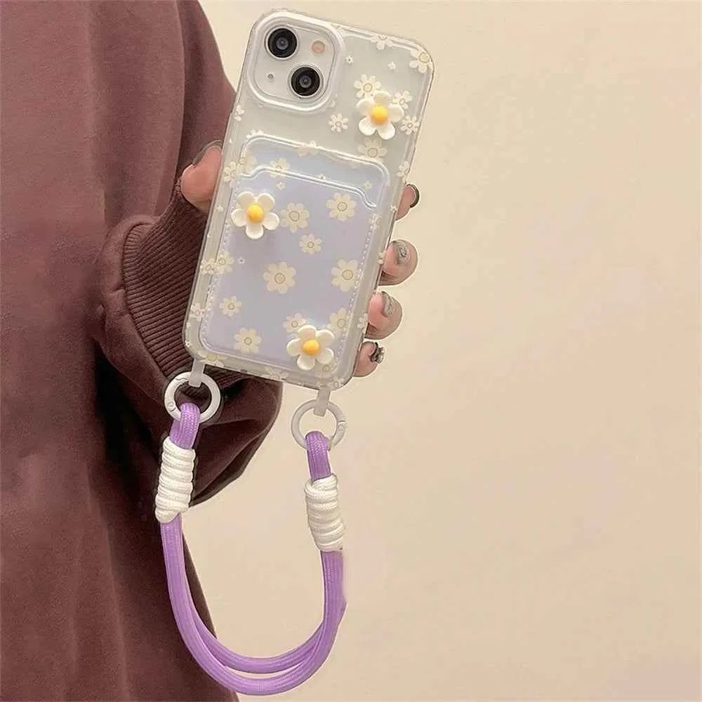 Cute Phone Cases for iPhone models 15, 14, 13, 12 Pro Max, and 11 - 3D Daisy Clear Card Bag with Lanyard - TSP348