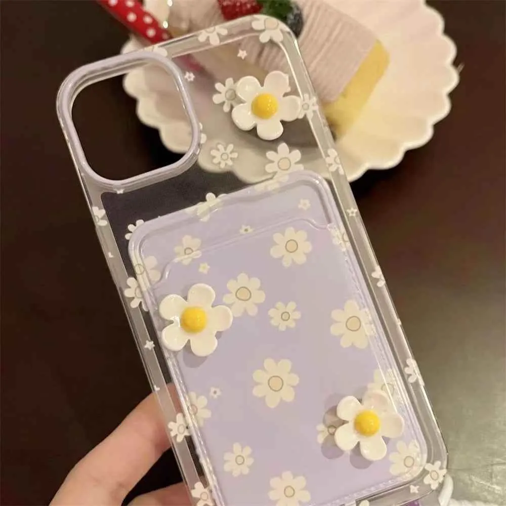 Cute Phone Cases for iPhone models 15, 14, 13, 12 Pro Max, and 11 - 3D Daisy Clear Card Bag with Lanyard - TSP348