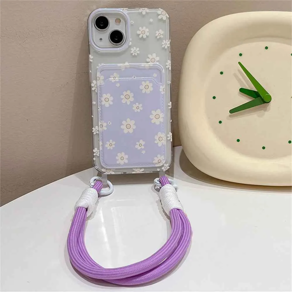 Cute Phone Cases for iPhone models 15, 14, 13, 12 Pro Max, and 11 - 3D Daisy Clear Card Bag with Lanyard - TSP348