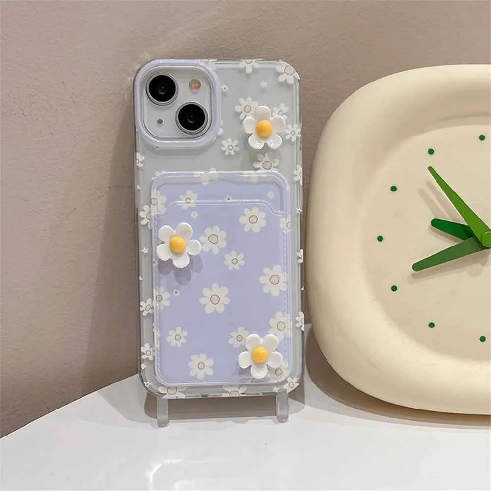 Cute Phone Cases for iPhone models 15, 14, 13, 12 Pro Max, and 11 - 3D Daisy Clear Card Bag with Lanyard - TSP348