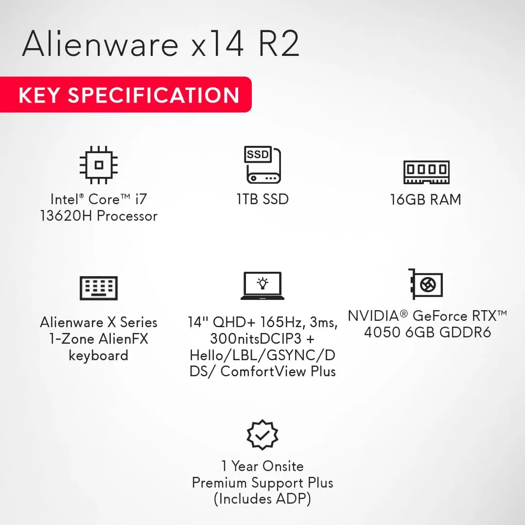 Dell Alienware x14 R2 Gaming Laptop, Intel Core i7-13620H Processor/16GB/1TB SSD/NVIDIA RTX 4050 6GB GDDR6/14'' (35.56cm) QHD  165Hz, 3ms, 300nits/Win 11   MSO'21/McAfee 15 Month/Lunar Silver/2.08kg