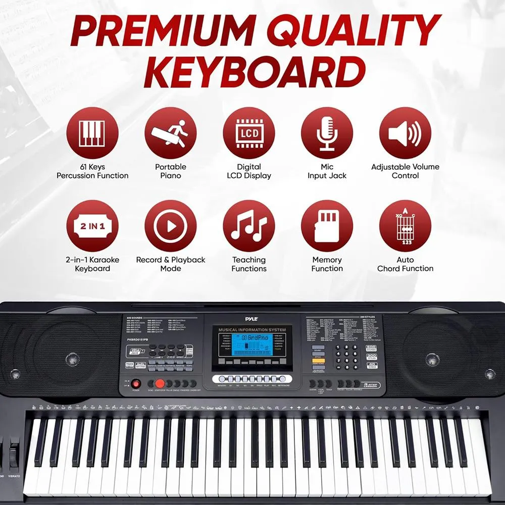 Digital Musical Karaoke Keyboard Piano - Portable Electronic Piano Keyboard Includes Water-Resistant Case Bag & Keyboard Stool & Keyboard Stand (61 Keys)