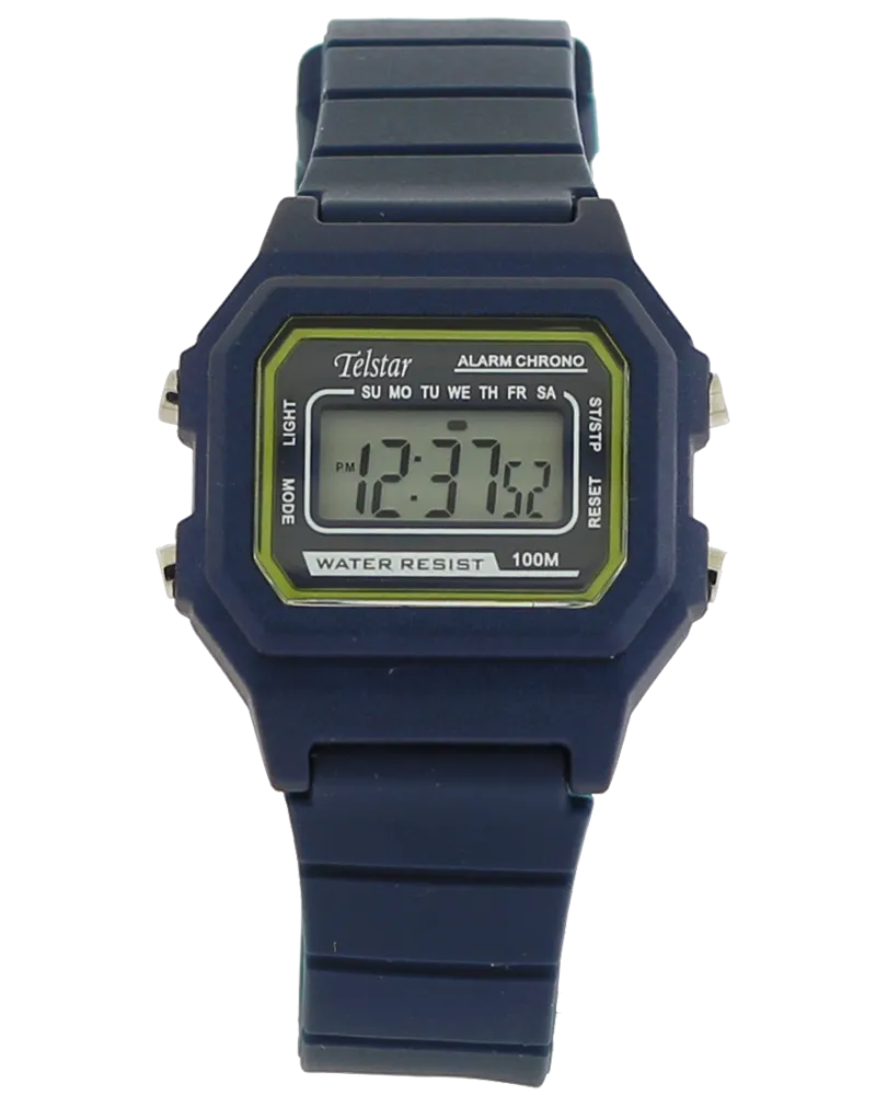 Digital Retro LCD Telstar watch in blue resin with yellow screen highlights. 100m water resistant 34920