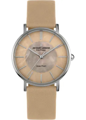 Eco Power Solar Mother of Pearl Beige Leather Strap Women's Watch