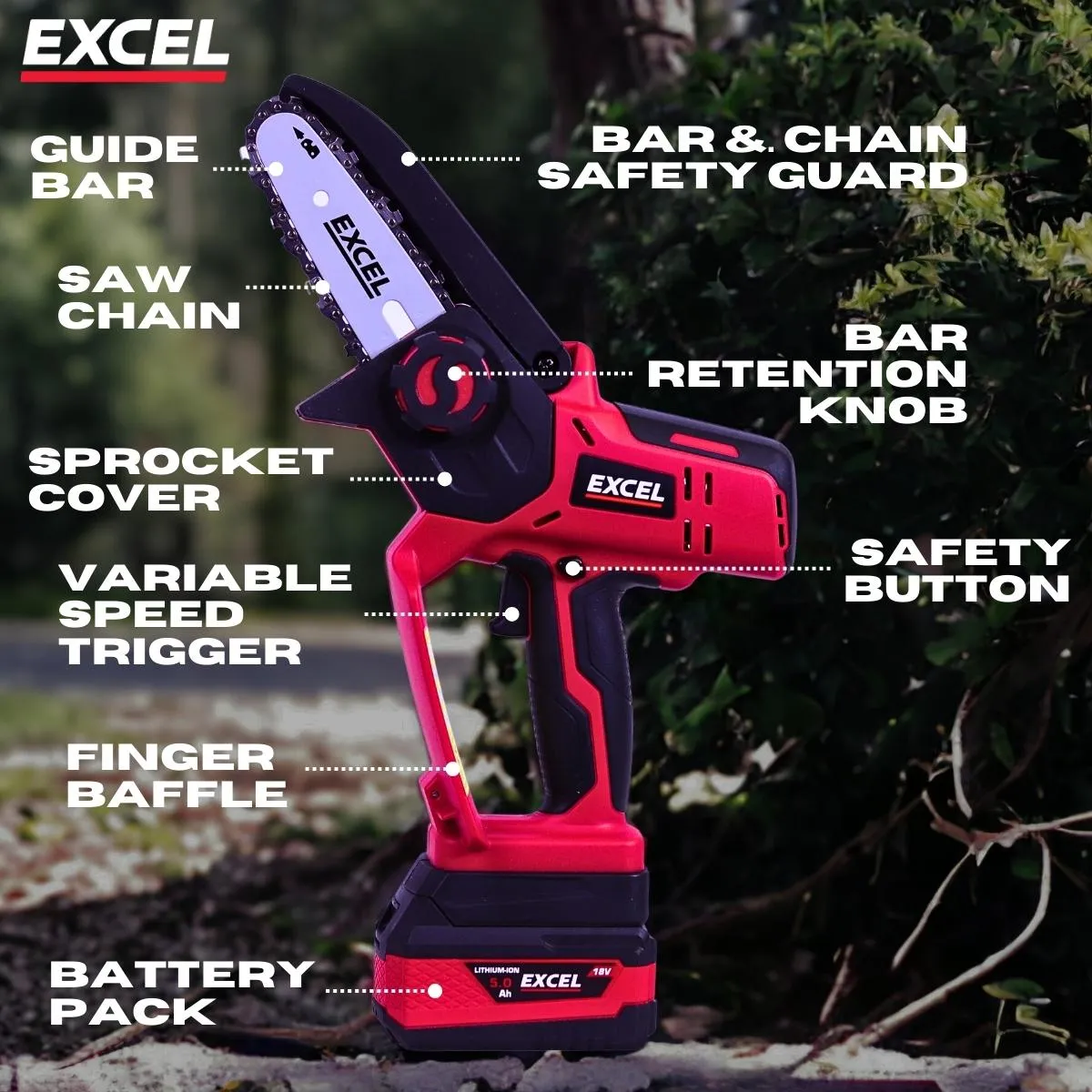 Excel 18V Cordless Mini Chain Saw with 1 x 4.0Ah Battery & Charger