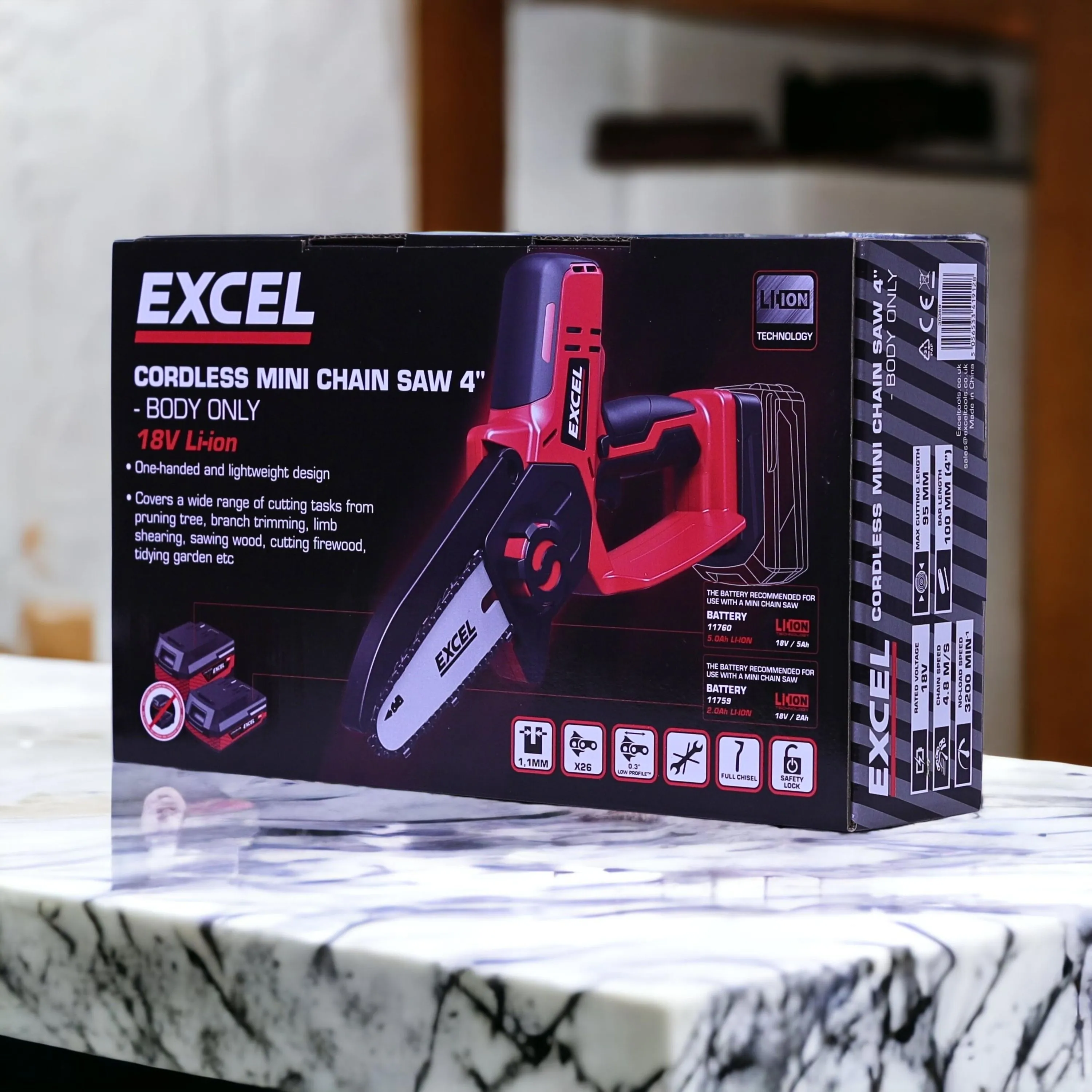 Excel 18V Cordless Mini Chain Saw with 1 x 4.0Ah Battery & Charger