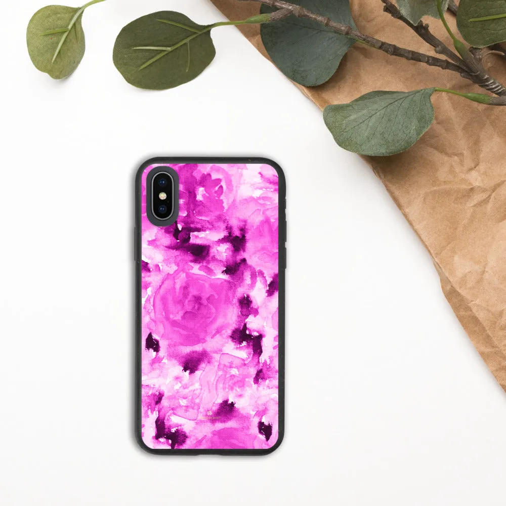 Floral Print Biodegradable Phone Case, Hot Pink Rose Flower Abstract iPhone Case-Printed in EU