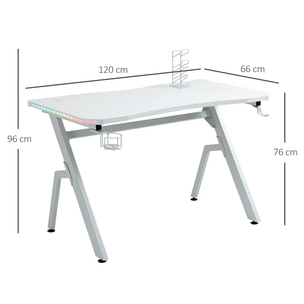 Gaming Desk Racing Style Computer Table RGB LED Lights, Hook, White