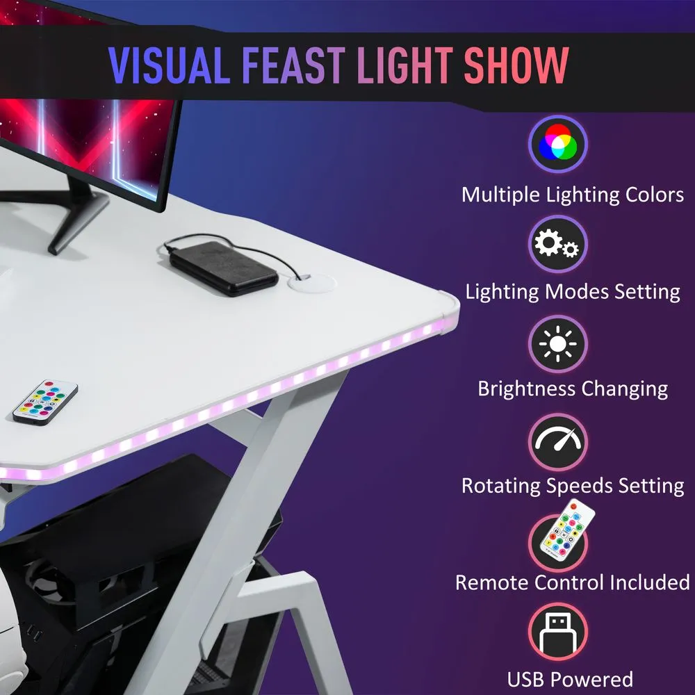 Gaming Desk Racing Style Computer Table RGB LED Lights, Hook, White