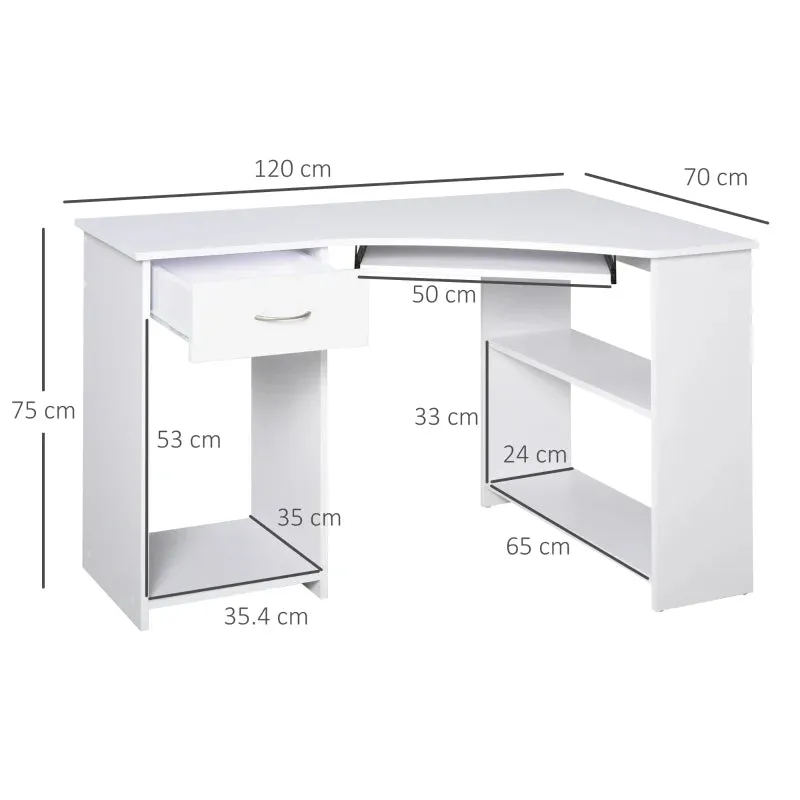 HOMCOM Corner Computer Desk with Shelves 75x120x70cm White