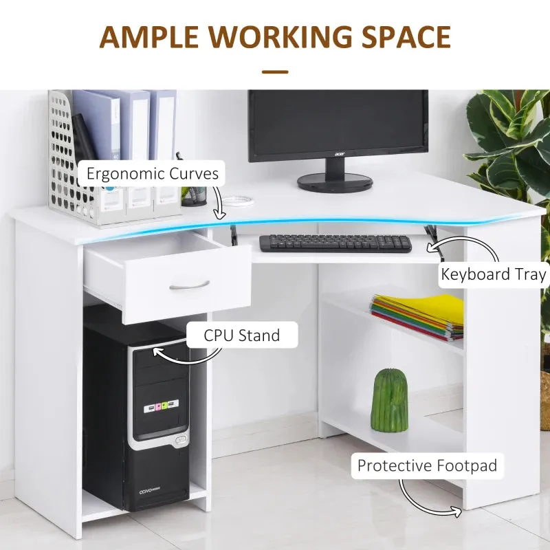 HOMCOM Corner Computer Desk with Shelves 75x120x70cm White