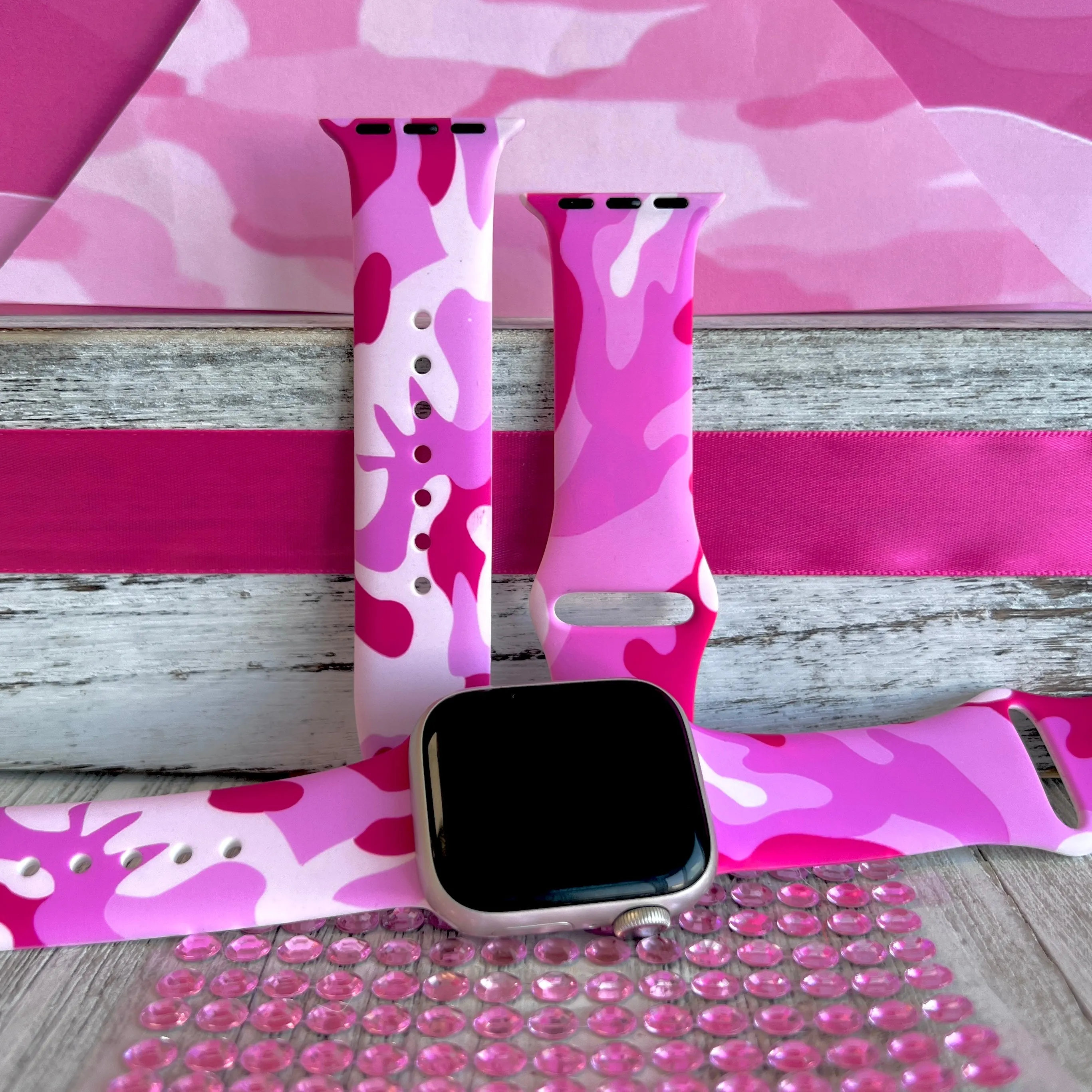 Hot Pink Camo Print Silicone Band For Apple Watch