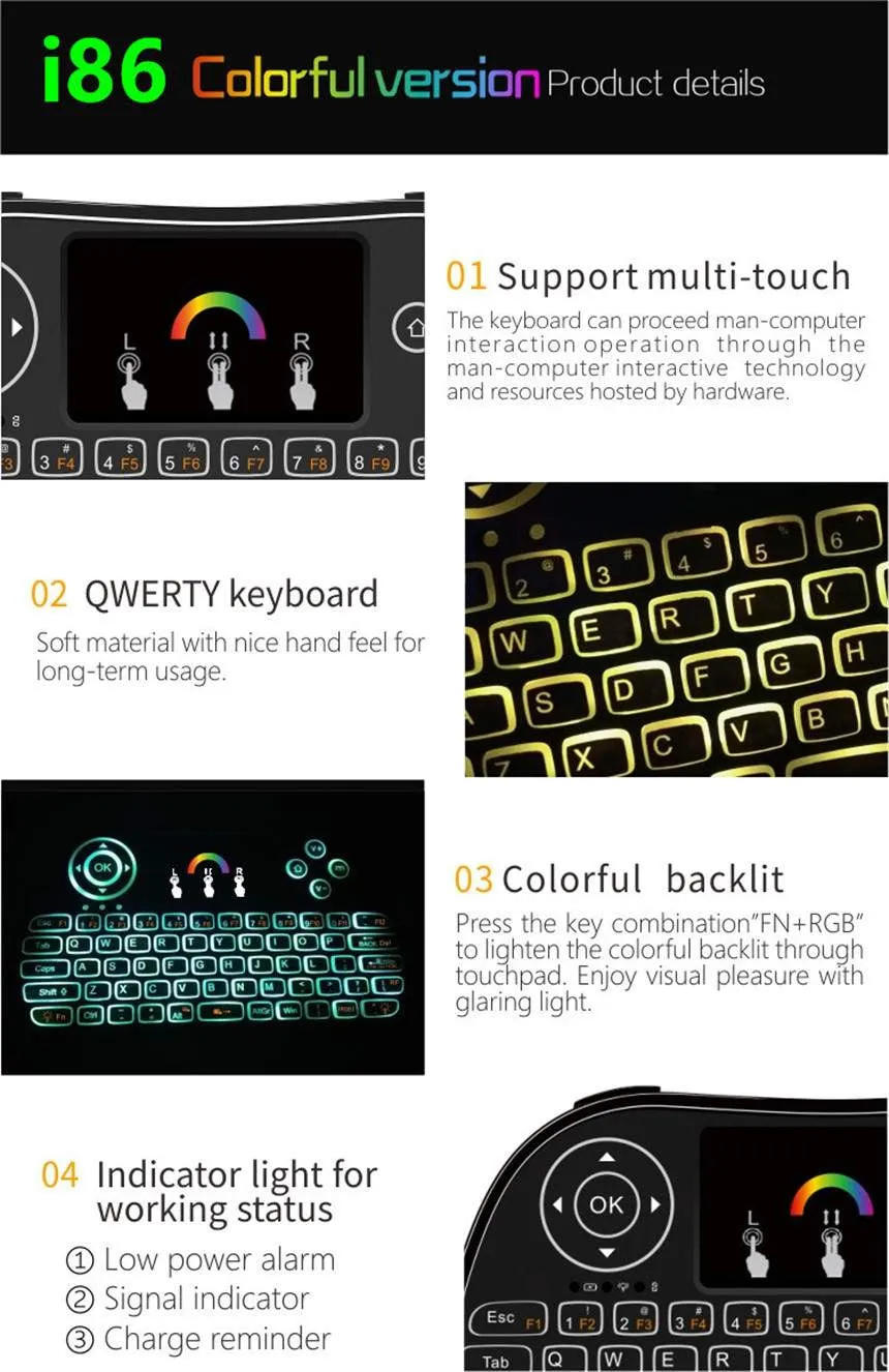 I86 Backlit  Wireless Mini Keyboard Remote Control Colorful Backlight Air Mouse for Android TV Box IPTV Xbox PS3 Gamepad pk I8