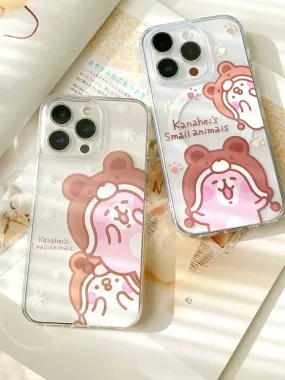 Japanese Cartoon Kanahei | Winter with Bear Hat Pink Rabbit and White Chicken - iPhone Case 12 13 14 15 Pro Promax