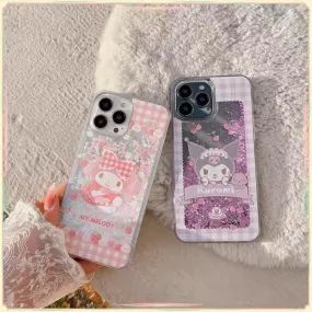 Japanese Cartoon MM KU Pink Purple Glitter QuickSand iPhone Case 15 14 13 12 11 XS XR Pro Max Plus