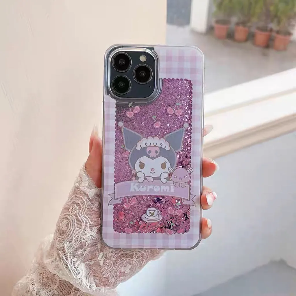 Japanese Cartoon MM KU Pink Purple Glitter QuickSand iPhone Case 15 14 13 12 11 XS XR Pro Max Plus