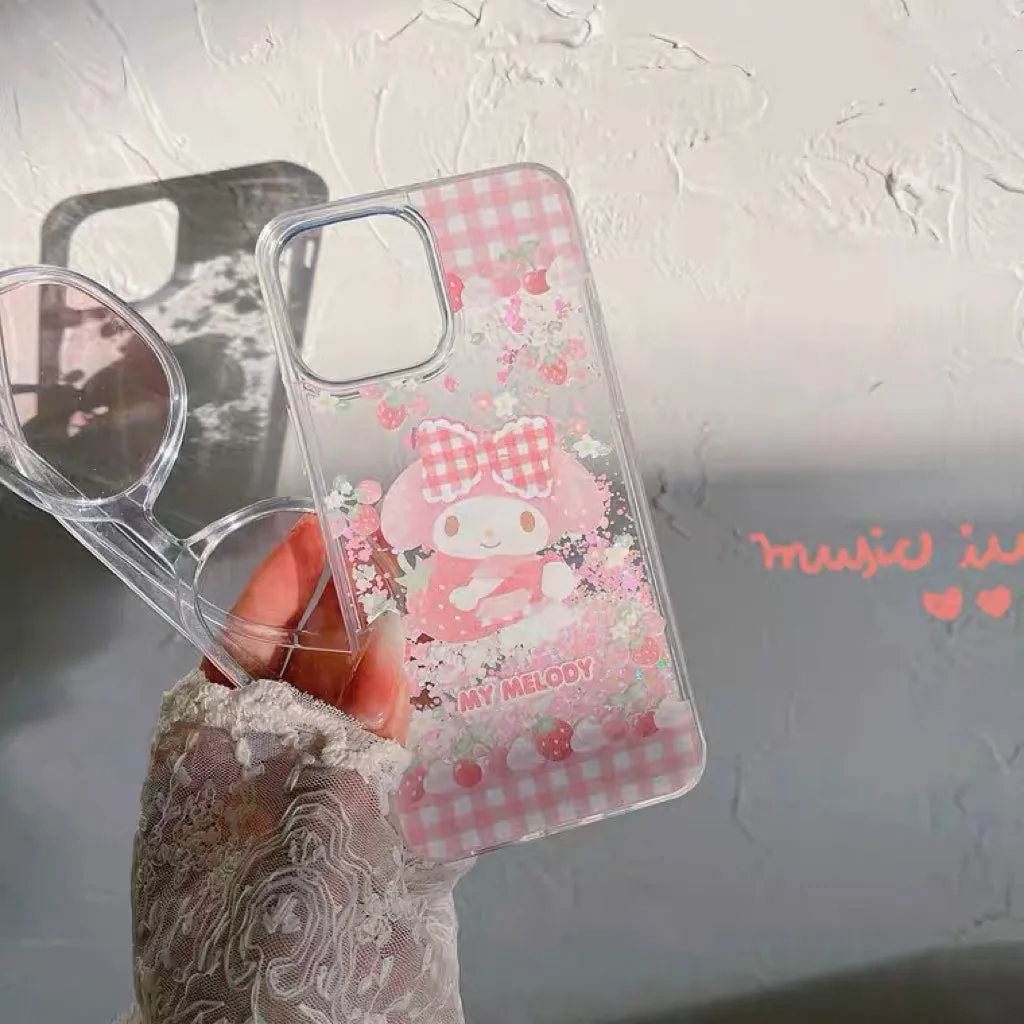 Japanese Cartoon MM KU Pink Purple Glitter QuickSand iPhone Case 15 14 13 12 11 XS XR Pro Max Plus