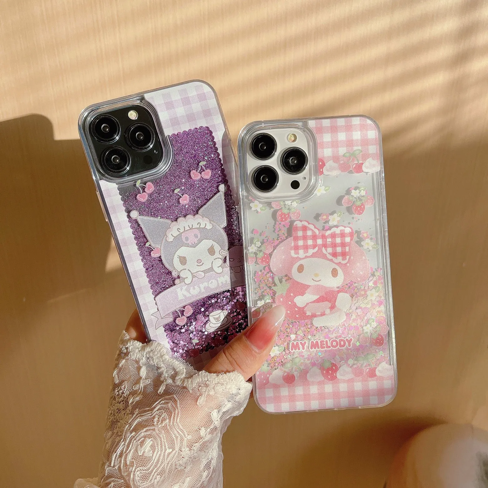 Japanese Cartoon MM KU Pink Purple Glitter QuickSand iPhone Case 15 14 13 12 11 XS XR Pro Max Plus