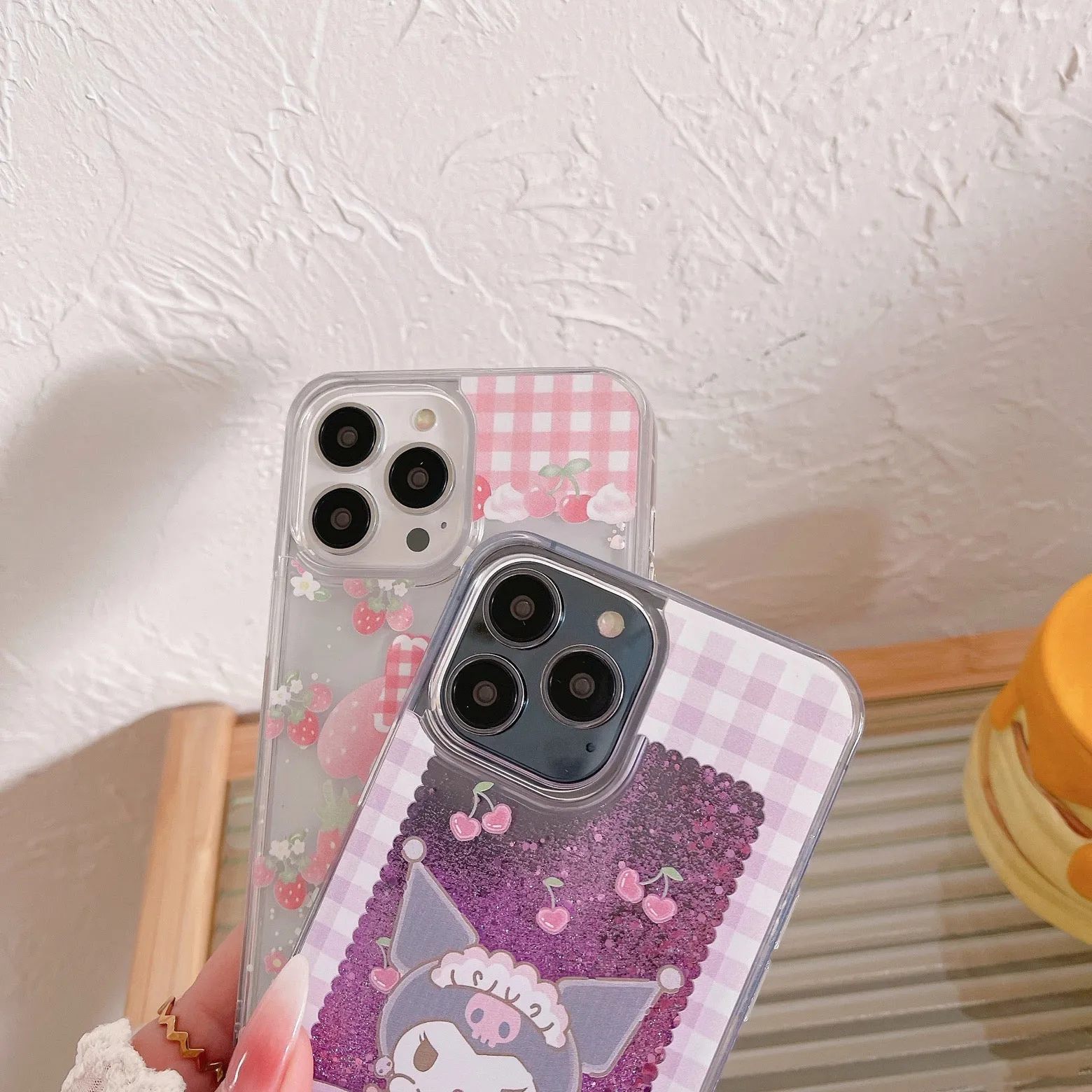 Japanese Cartoon MM KU Pink Purple Glitter QuickSand iPhone Case 15 14 13 12 11 XS XR Pro Max Plus