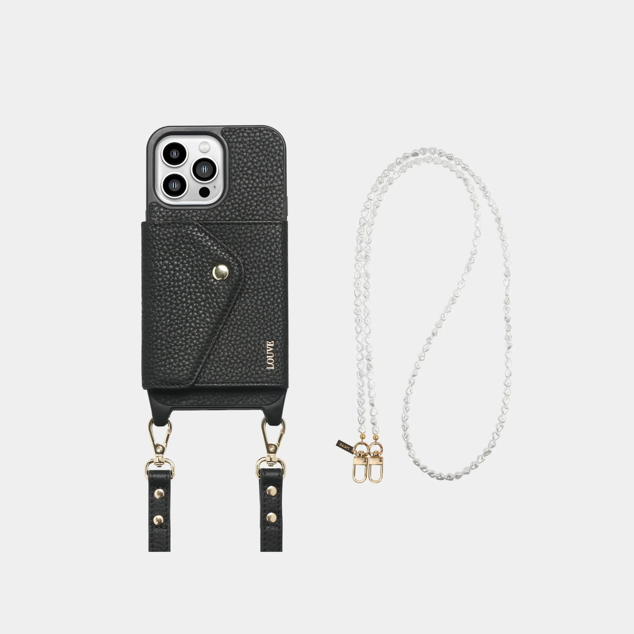 Leather Phone Case Wallet & Crossbody Strap   Pearl Chain