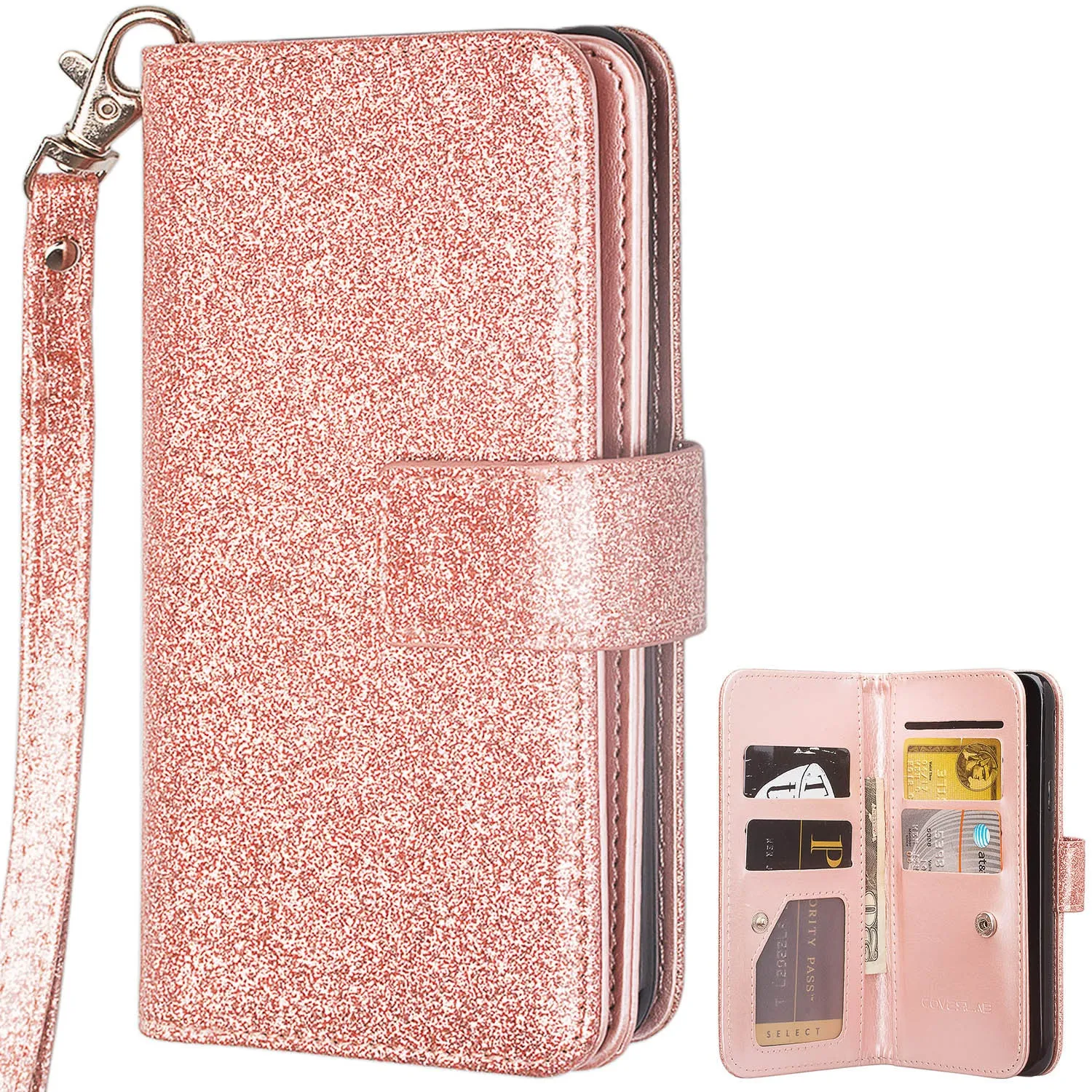 LG V50 ThinQ 5G Case, V50 ThinQ Case, Glitter Faux Leather Flip Credit Card Holder Wrist Strap Shockproof Protective Wallet Case Clutch for LG V50 ThinQ 5G - Rose Gold